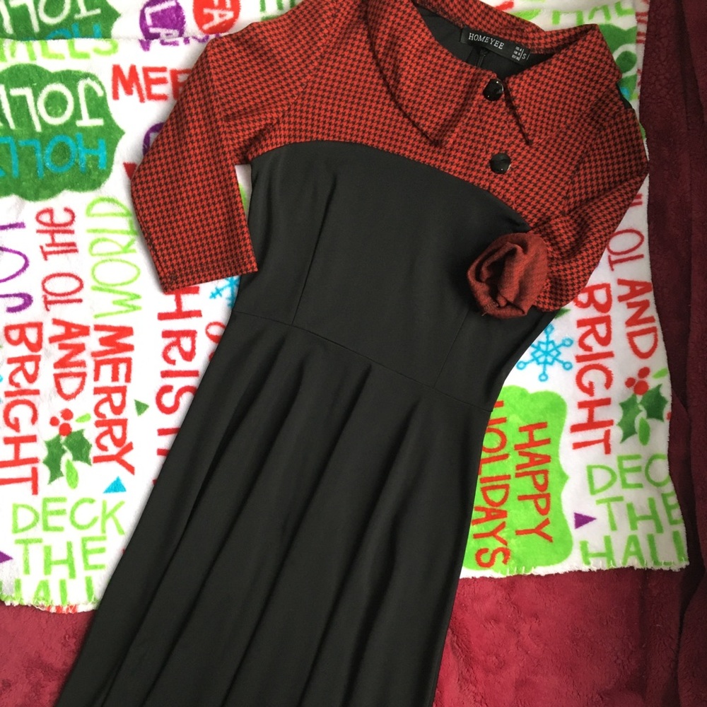 Red plaid and Black flow dress